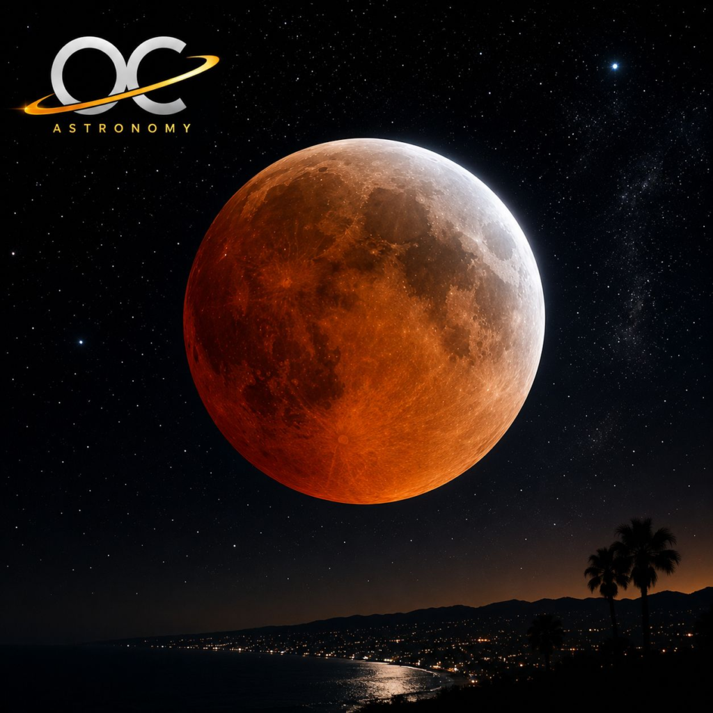 Orange County skywatchers have a special reason to look east on the evening of Thursday, August 27.

A deep partial lunar eclipse will unfold across the night sky, with nearly the entire Moon entering Earth’s darkest shadow. At maximum eclipse, approximately 96% of the Moon’s disk will be inside Earth’s umbra, leaving only a thin, brightly illuminated portion of the Moon outside the shadow.
